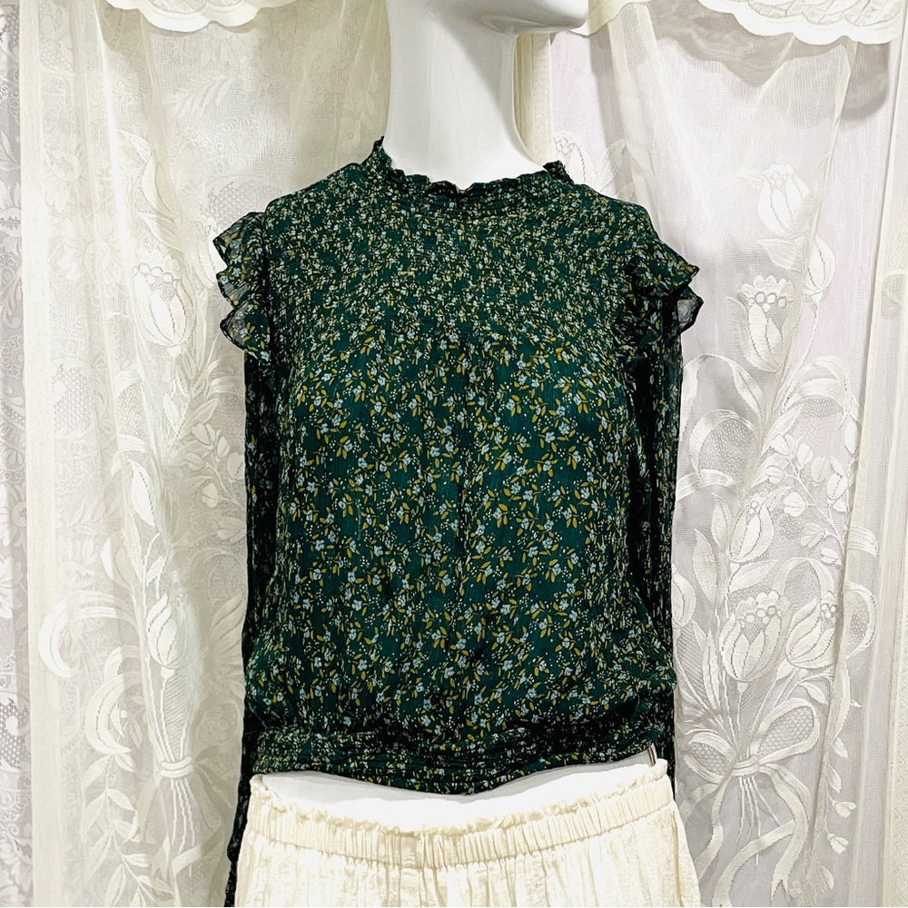 Free People Dark Forrest Green Floral Roma Blouse